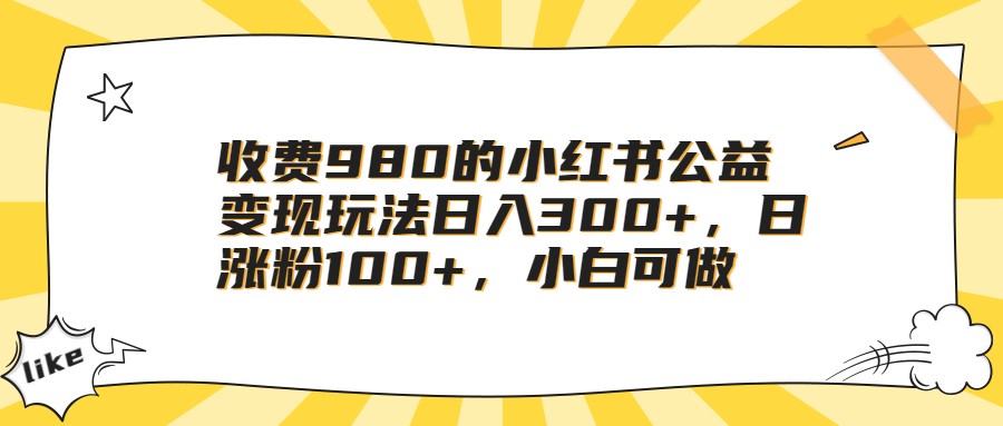 收费980的小红书公益变现玩法日入300 ，日涨粉100 ，小白可做